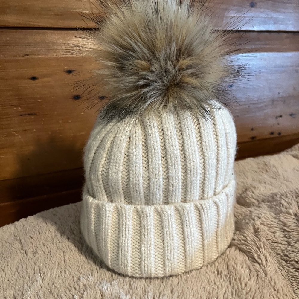 J. Crew Ivory Knit Beanie with Faux Fur Pom womens - Picture 2 of 6